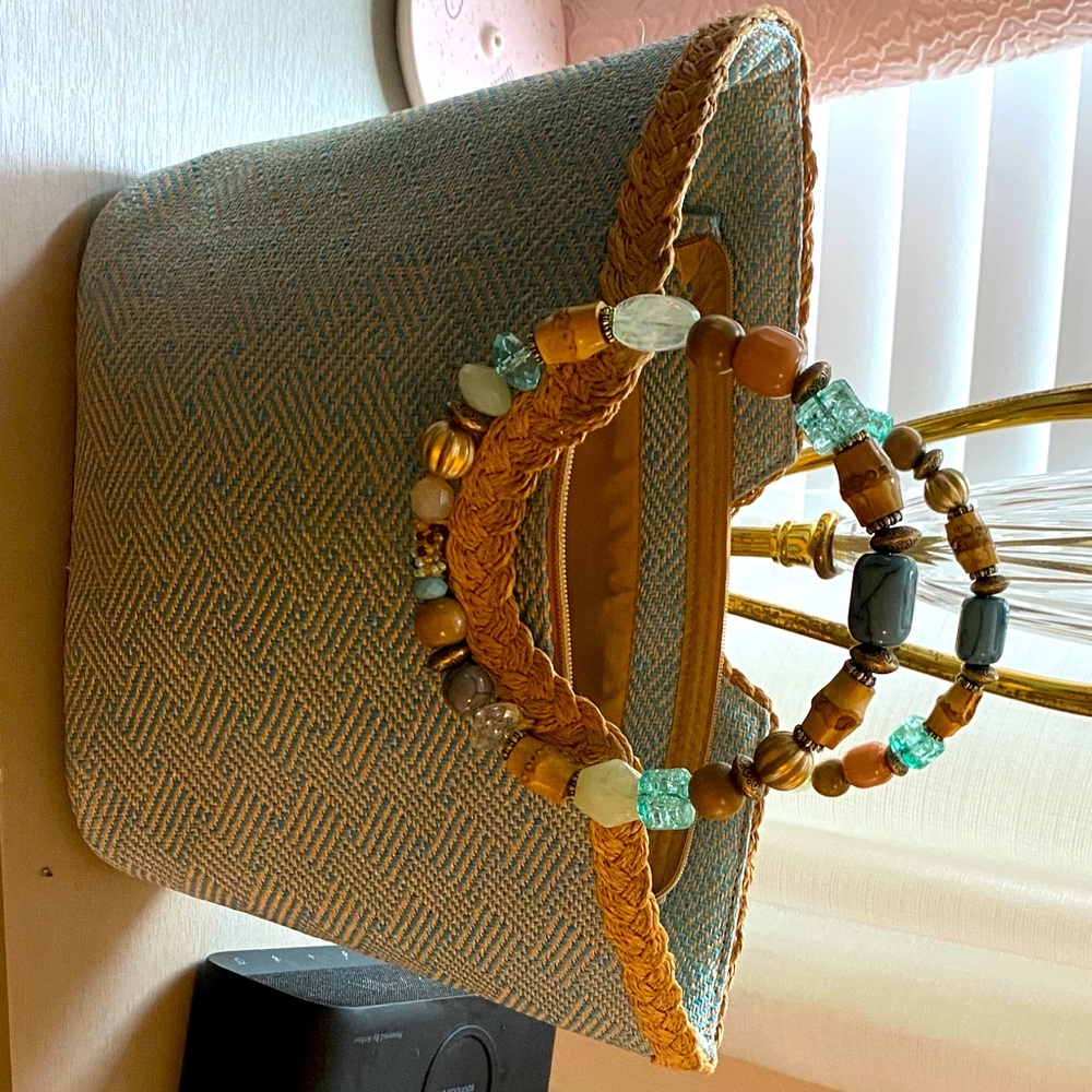 Cappelli Straworld Blue and Brown Beaded Handle Tote